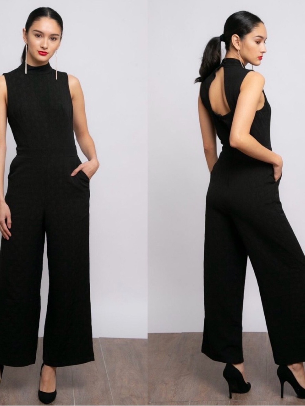 June & Hudson Classic Black Sleeveless Wide-Leg Jumpsuit Large